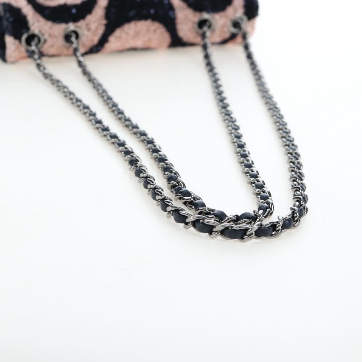 CHANEL Chain Shoulder Bag Leather sequins Navy Silver CC Auth 192127SM