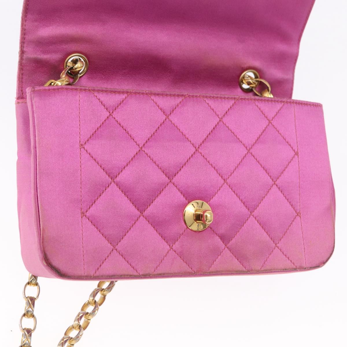 CHANEL Matelasse Chain Shoulder Bag Satin Pink Gold CC Auth 192128