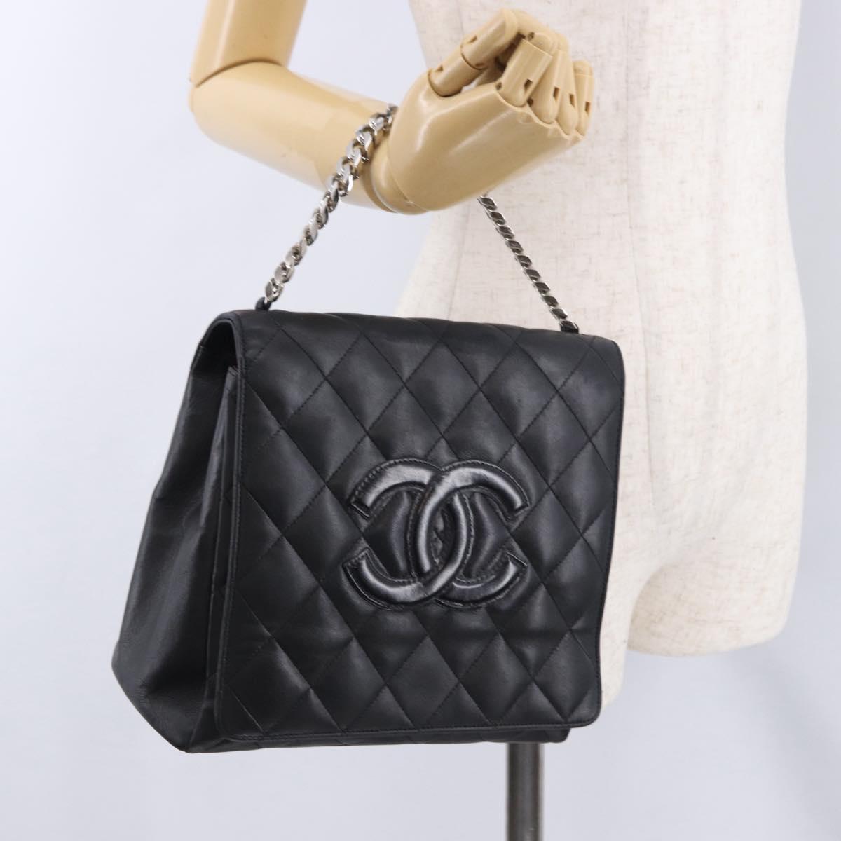 CHANEL Matelasse Chain Hand Bag Lamb Skin Black Silver CC Auth 192129M