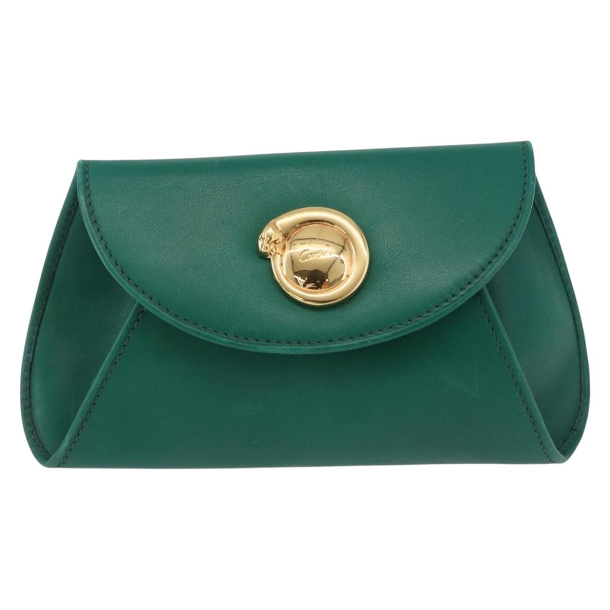 CARTIER PANTHERE Coin Purse Leather Green Gold Auth 192131A