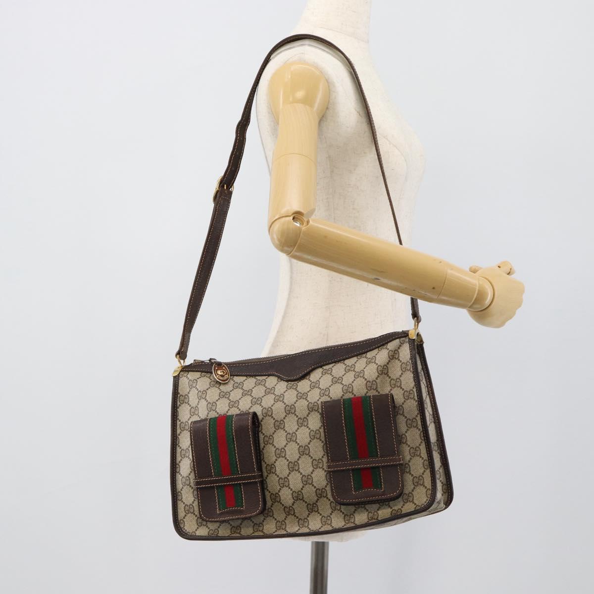 GUCCI GG Supreme Web Sherry Line Shoulder Bag PVC Beige Gold Auth 192186A