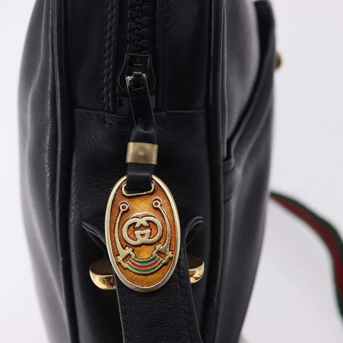 GUCCI Horsebit Web Sherry Line Shoulder Bag Leather Black Gold Auth 192187A