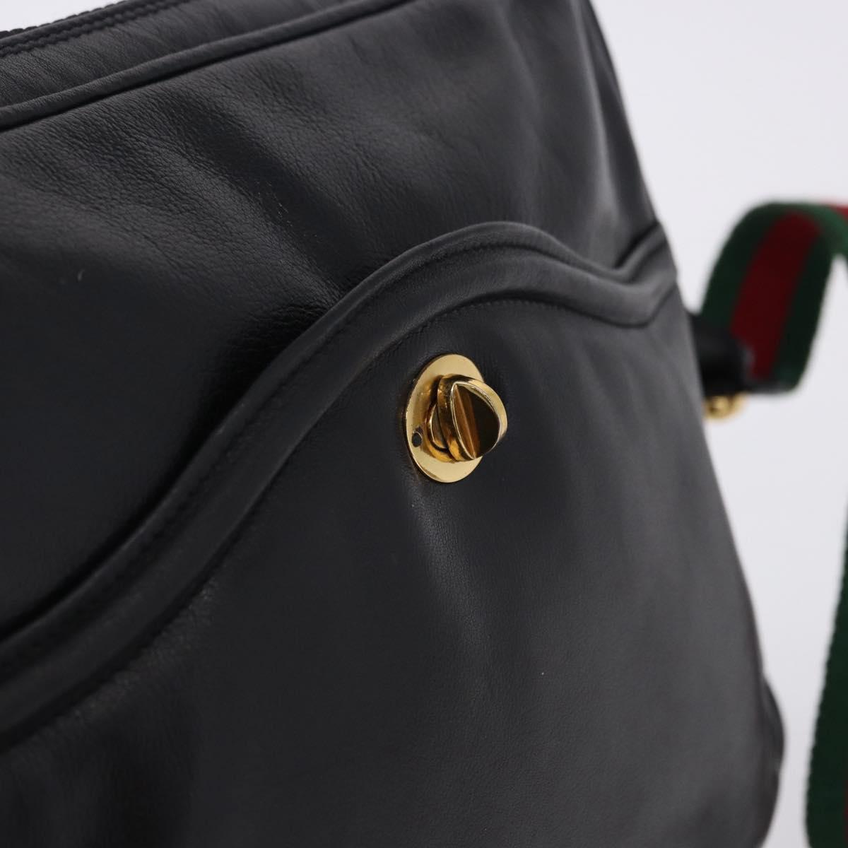 GUCCI Horsebit Web Sherry Line Shoulder Bag Leather Black Gold Auth 192187A