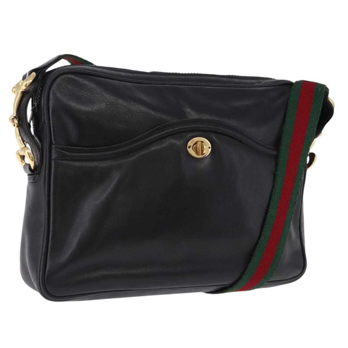 GUCCI Horsebit Web Sherry Line Shoulder Bag Leather Black Gold Auth 192187A