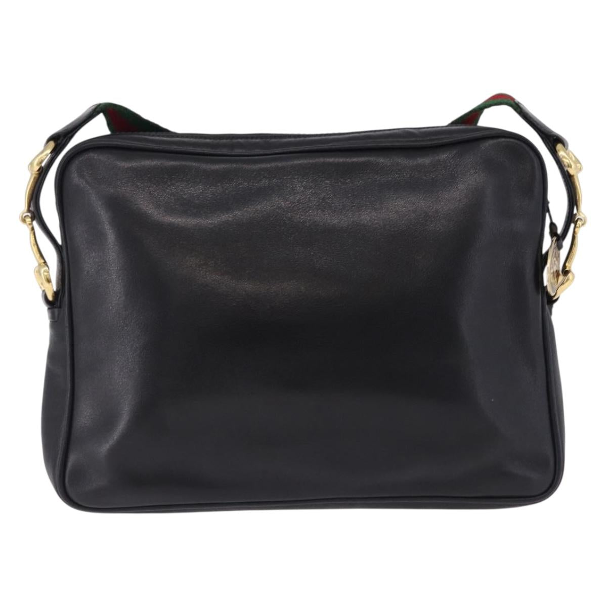 GUCCI Horsebit Web Sherry Line Shoulder Bag Leather Black Gold Auth 192187A