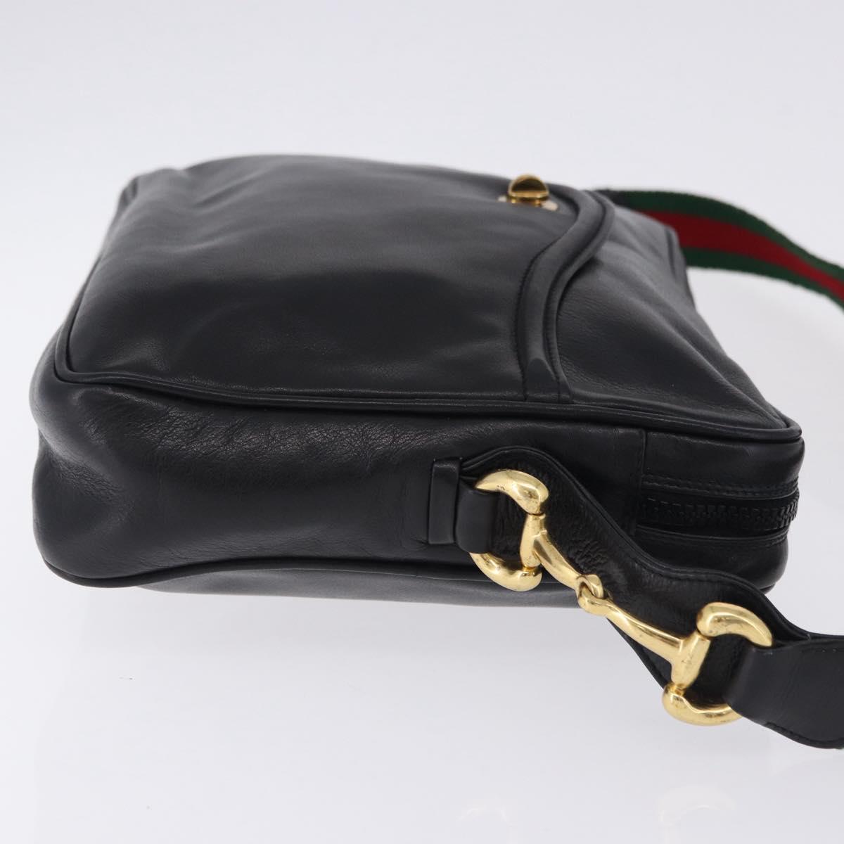 GUCCI Horsebit Web Sherry Line Shoulder Bag Leather Black Gold Auth 192187A