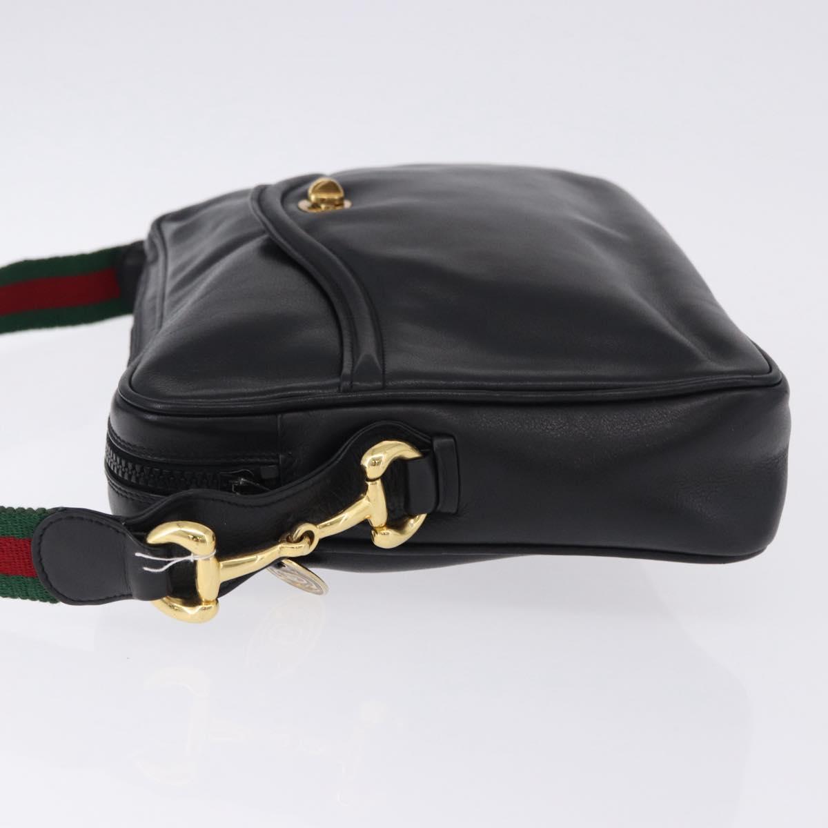 GUCCI Horsebit Web Sherry Line Shoulder Bag Leather Black Gold Auth 192187A