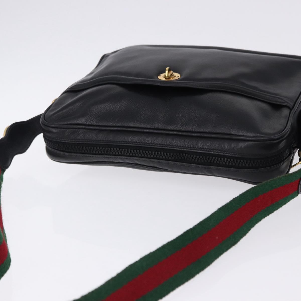GUCCI Horsebit Web Sherry Line Shoulder Bag Leather Black Gold Auth 192187A