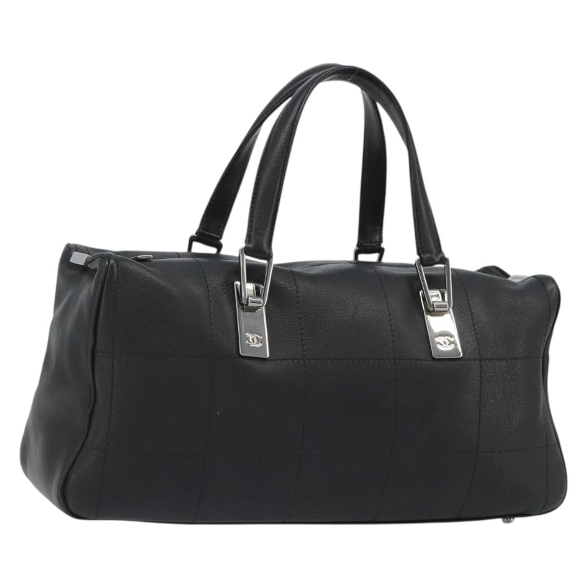 CHANEL Choco Bar Boston Bag Caviar Skin Black Silver CC Auth 192194SAM
