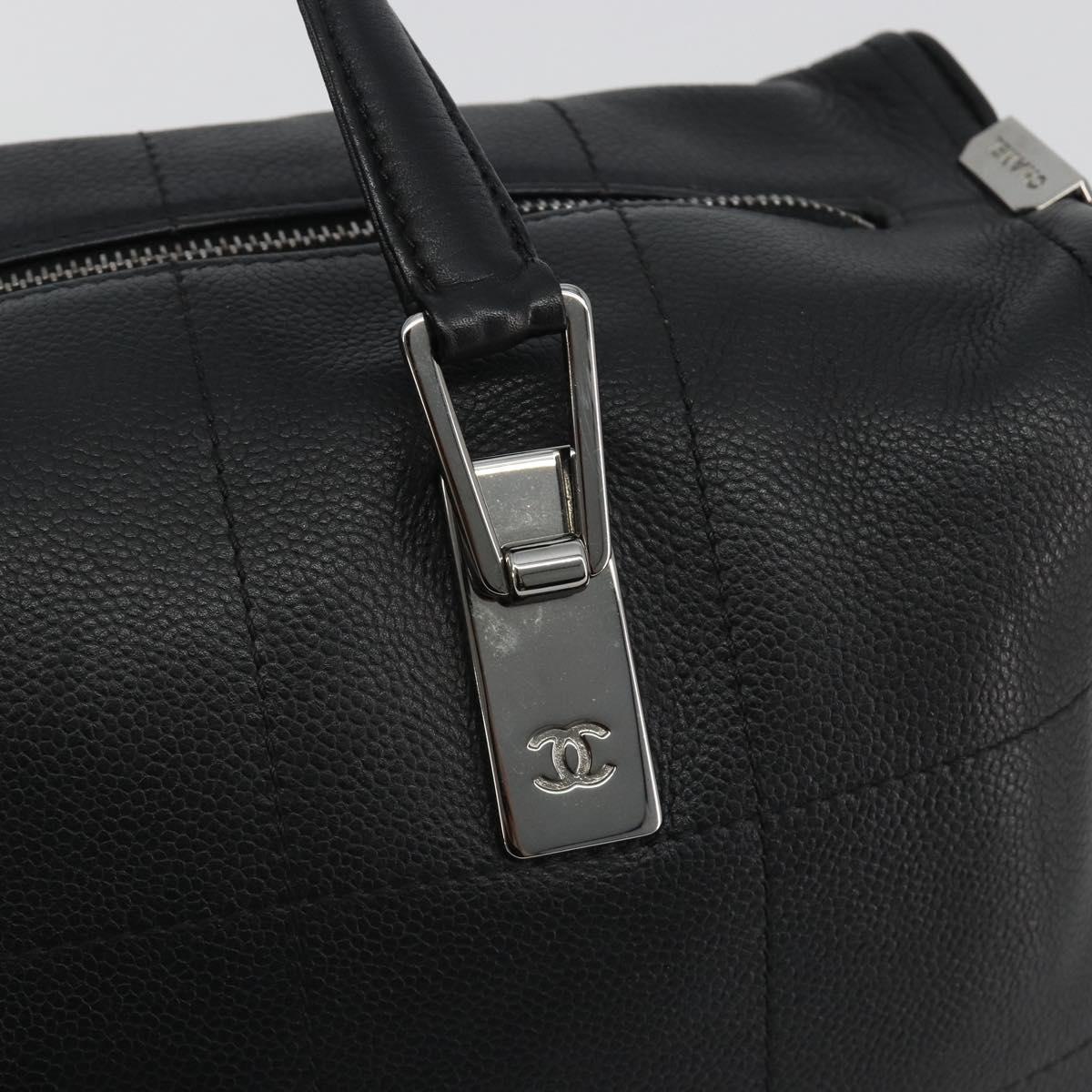 CHANEL Choco Bar Boston Bag Caviar Skin Black Silver CC Auth 192194SAM