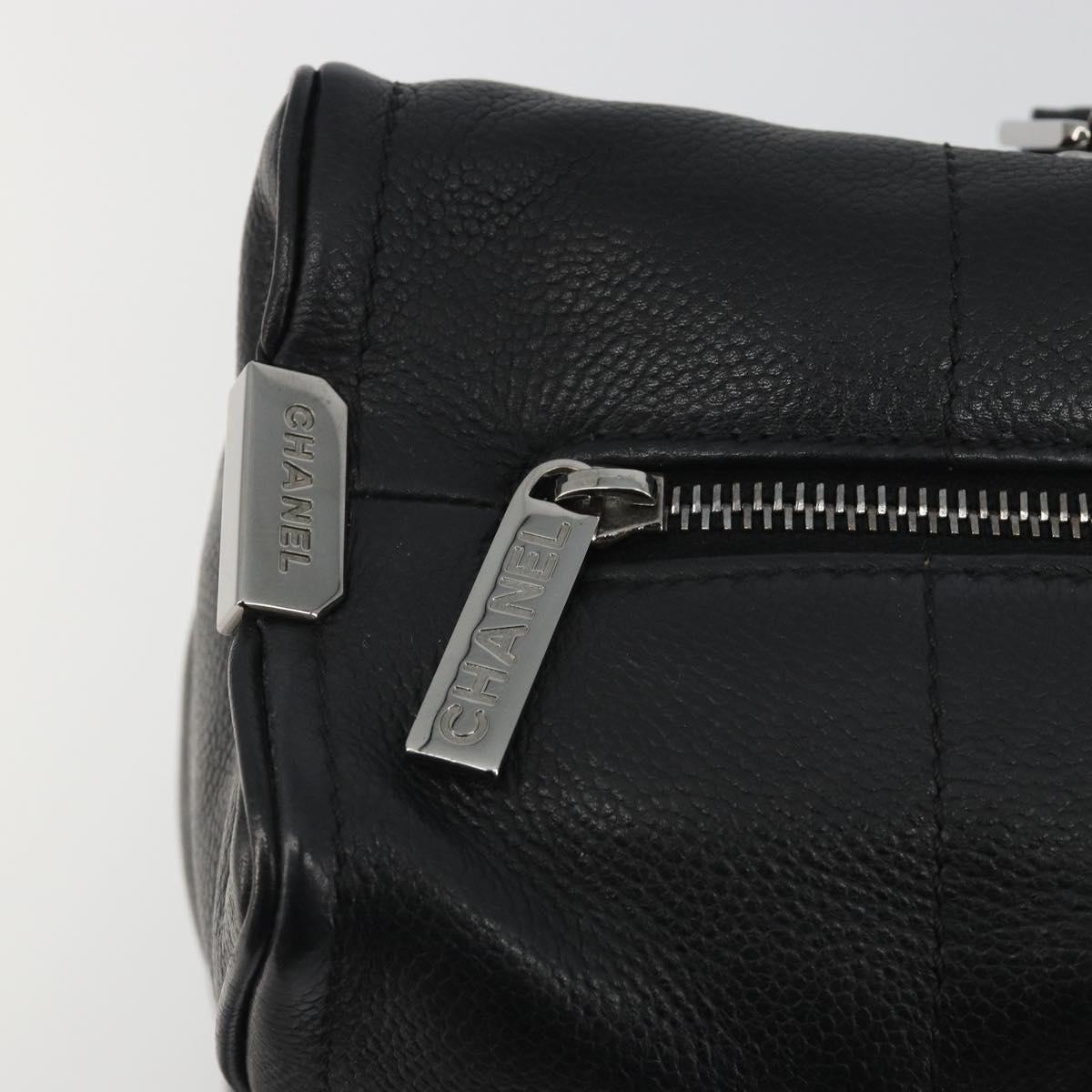 CHANEL Choco Bar Boston Bag Caviar Skin Black Silver CC Auth 192194SAM