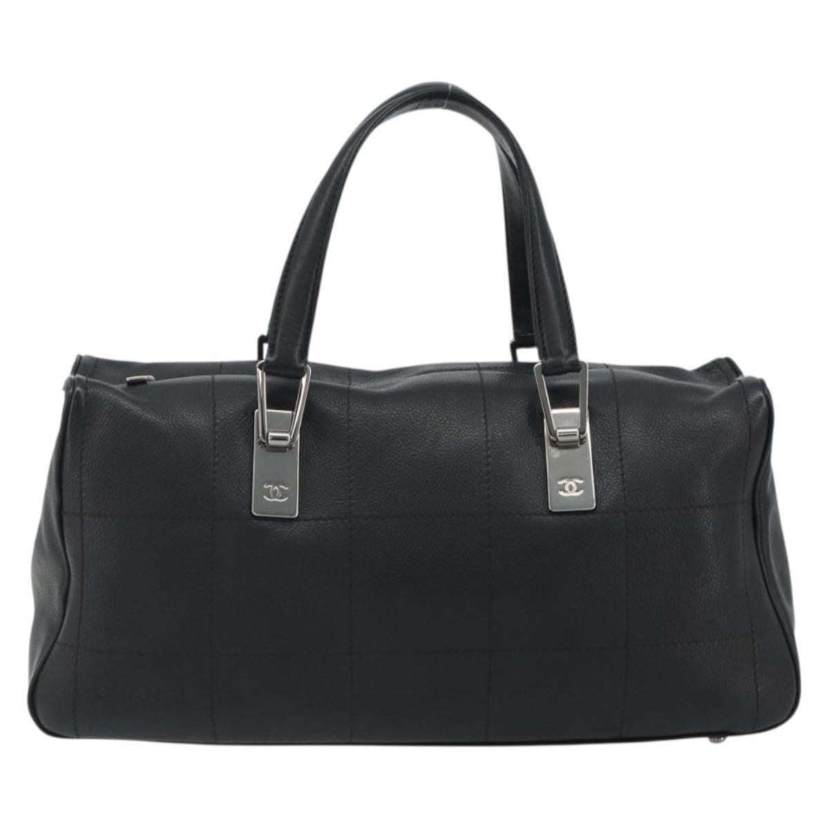 CHANEL Choco Bar Boston Bag Caviar Skin Black Silver CC Auth 192194SAM