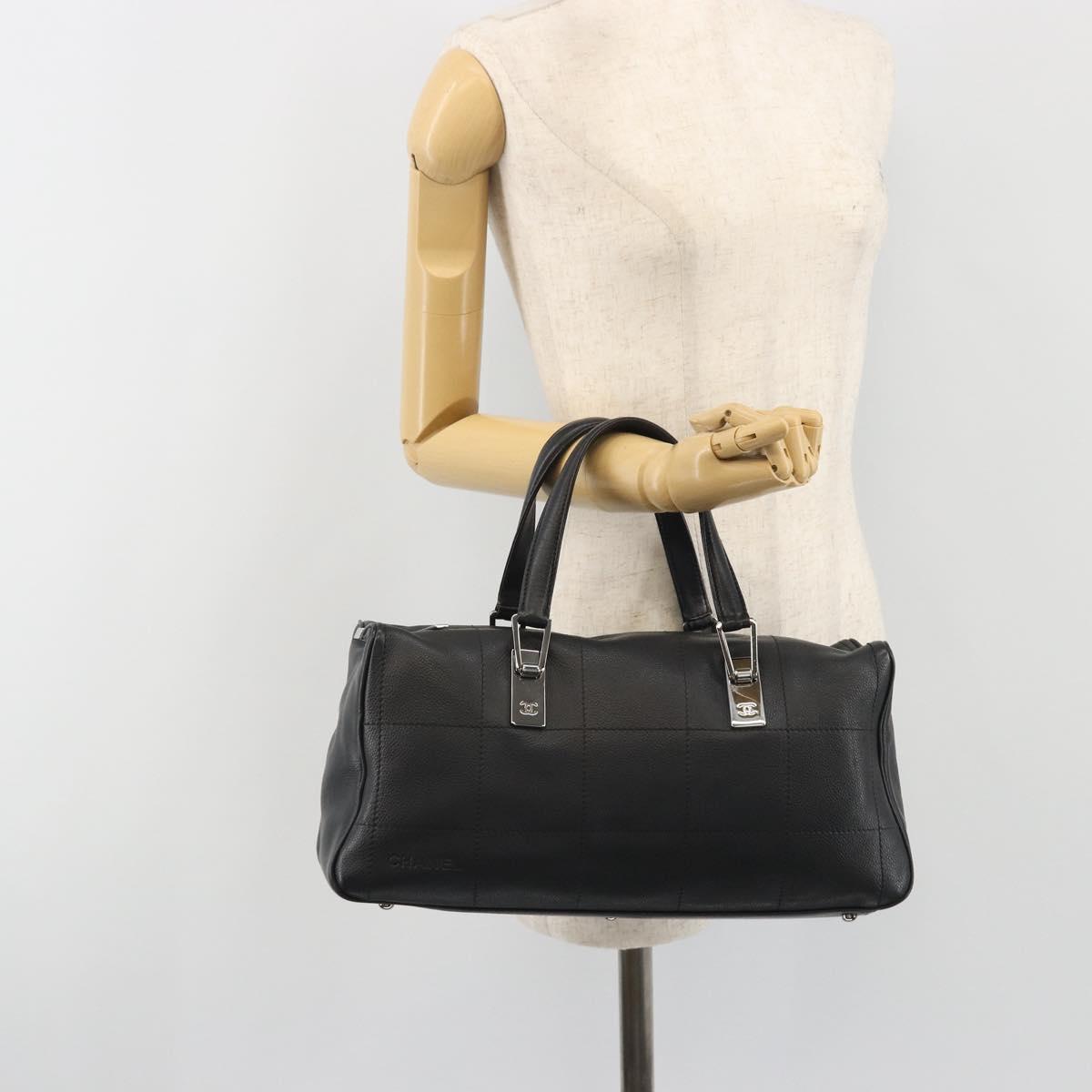 CHANEL Choco Bar Boston Bag Caviar Skin Black Silver CC Auth 192194SAM