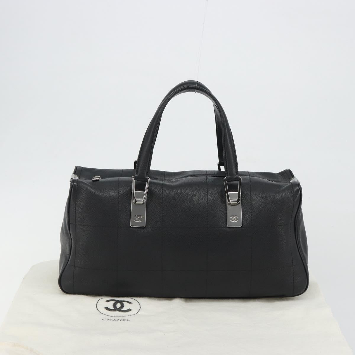 CHANEL Choco Bar Boston Bag Caviar Skin Black Silver CC Auth 192194SAM