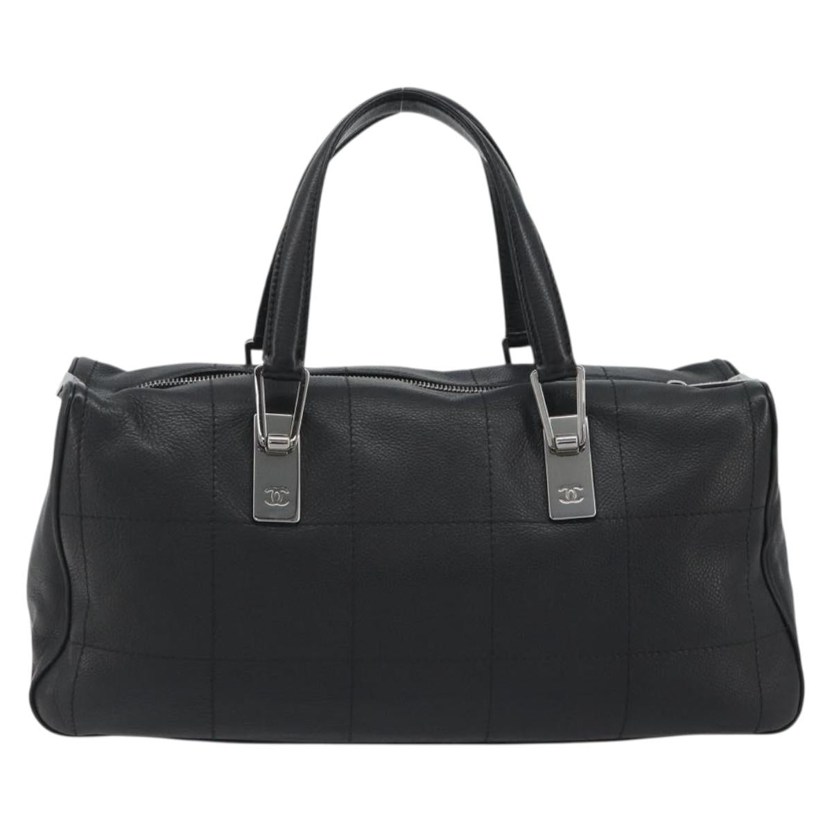 CHANEL Choco Bar Boston Bag Caviar Skin Black Silver CC Auth 192194SAM