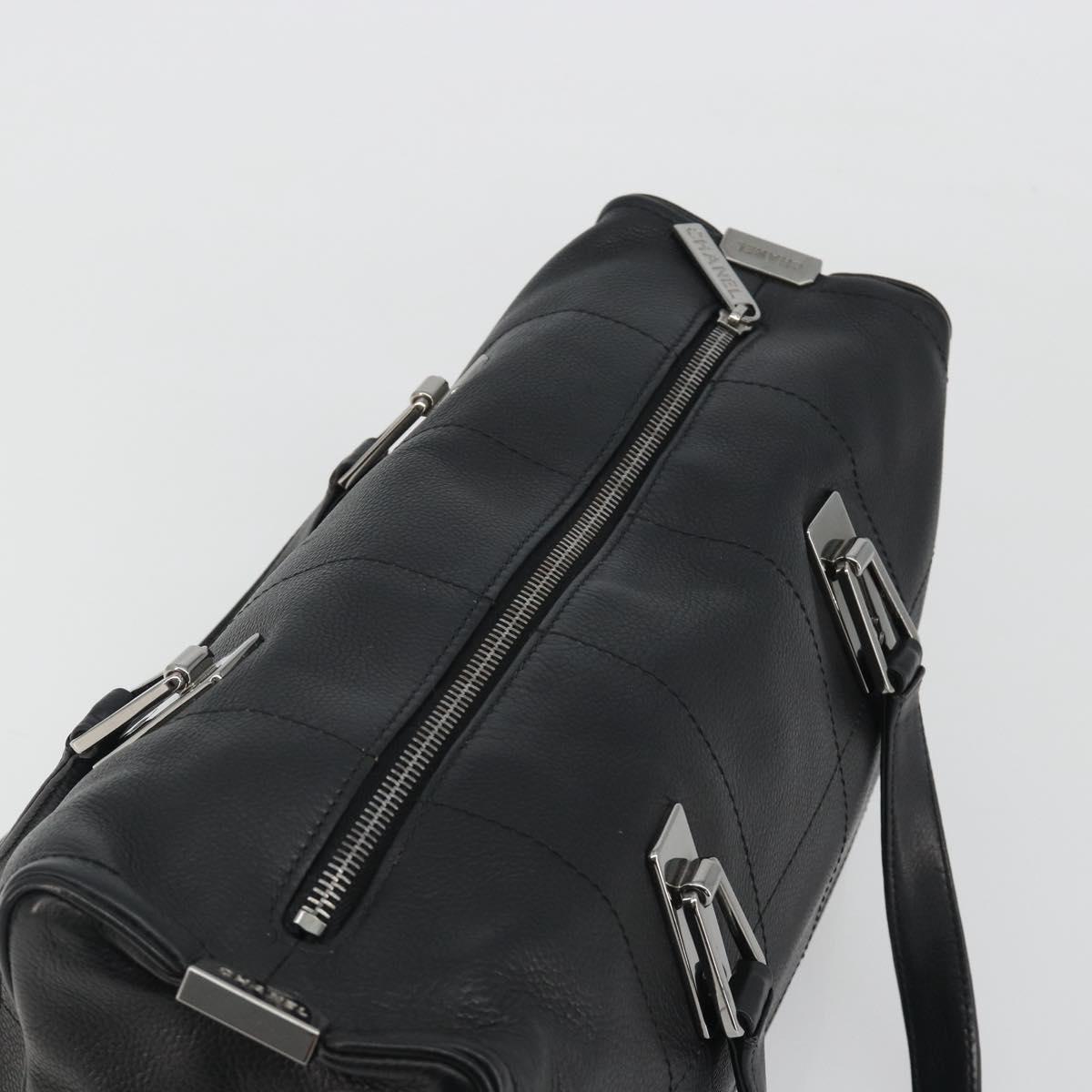 CHANEL Choco Bar Boston Bag Caviar Skin Black Silver CC Auth 192194SAM