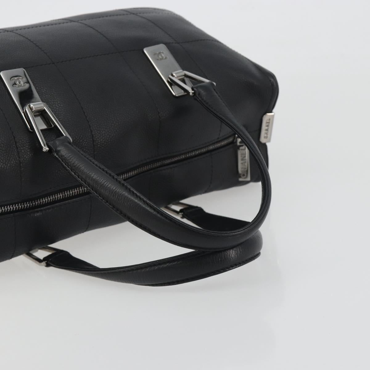 CHANEL Choco Bar Boston Bag Caviar Skin Black Silver CC Auth 192194SAM