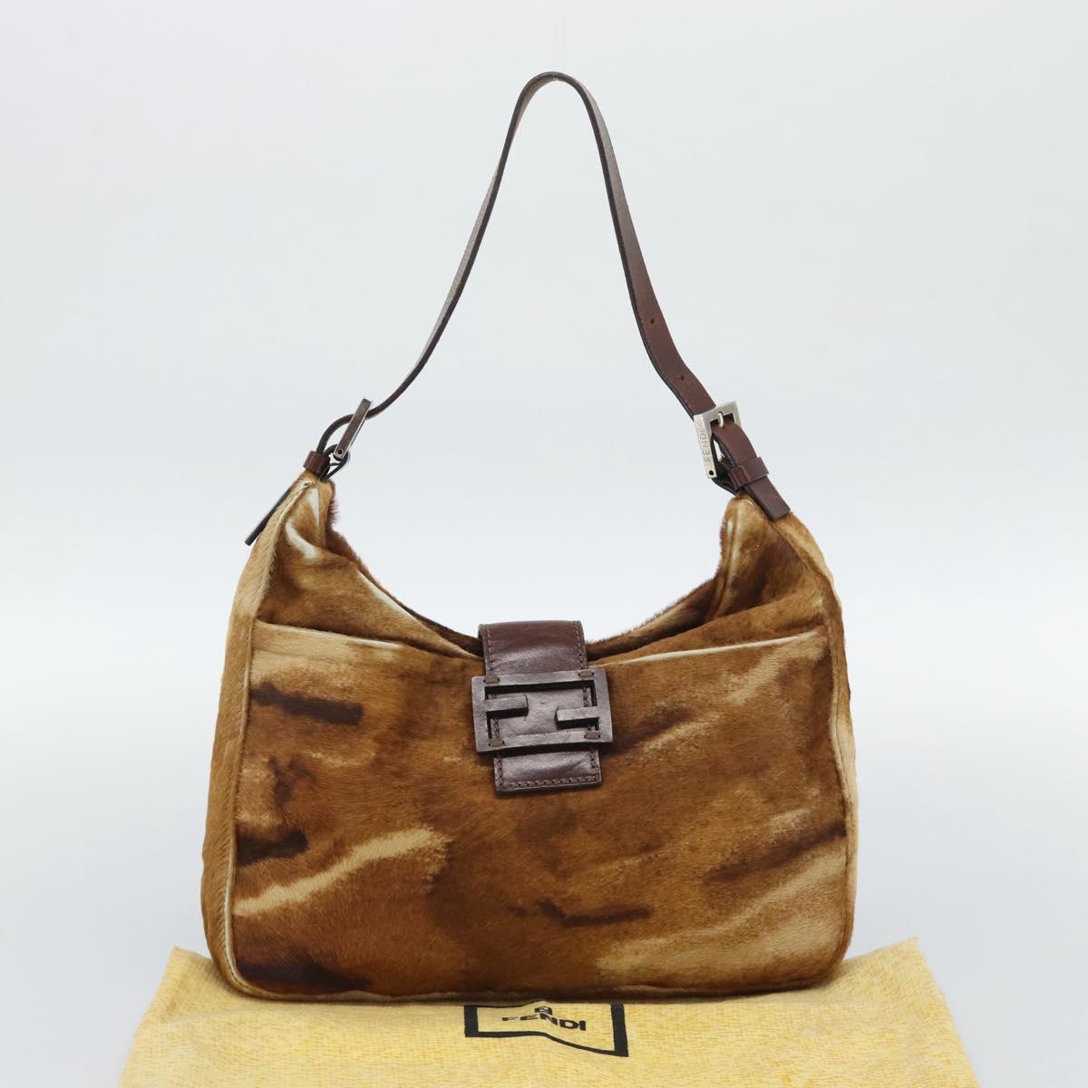 FENDI Mamma Baguette Shoulder Bag Harako Leather Brown Silver Auth 192202V