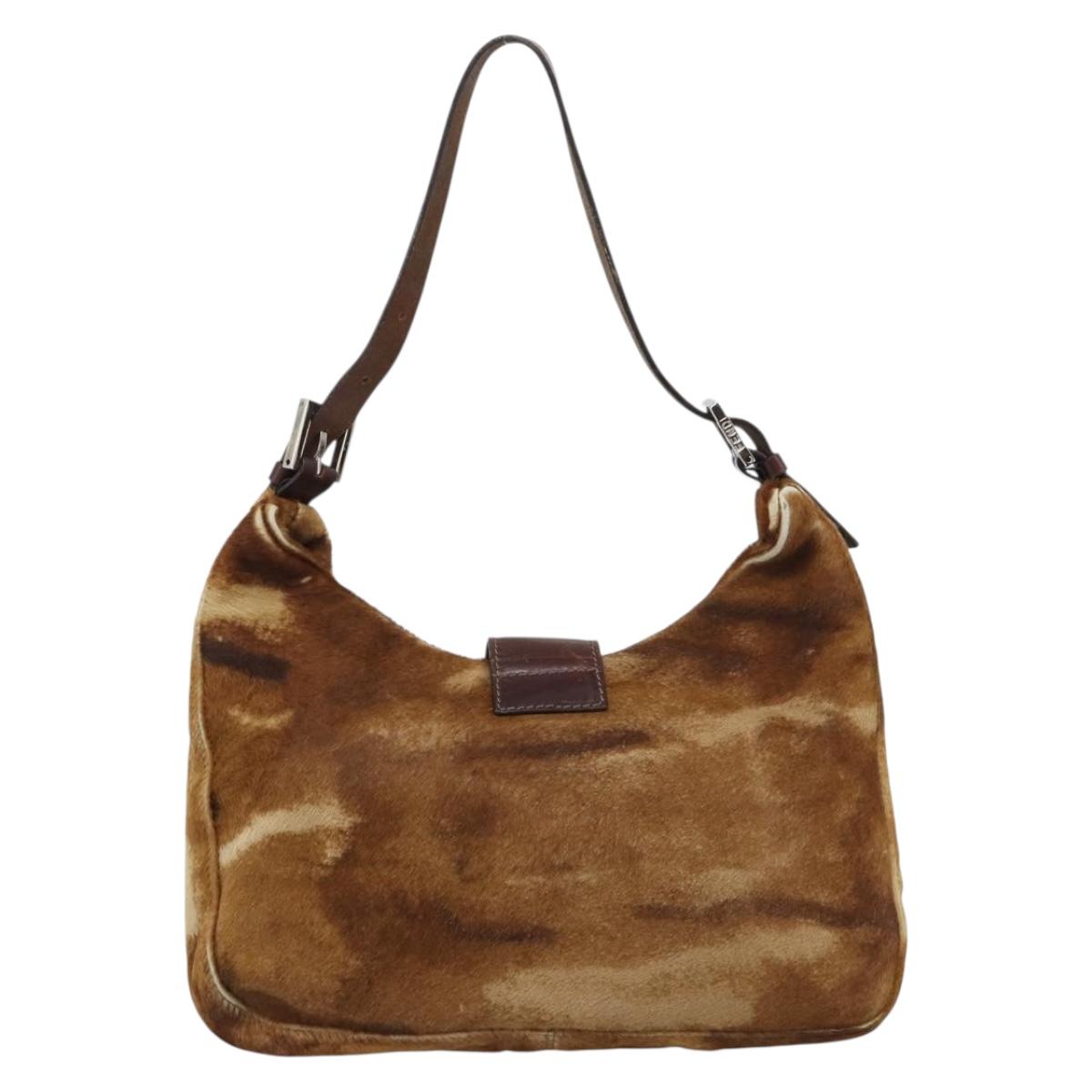 FENDI Mamma Baguette Shoulder Bag Harako Leather Brown Silver Auth 192202V