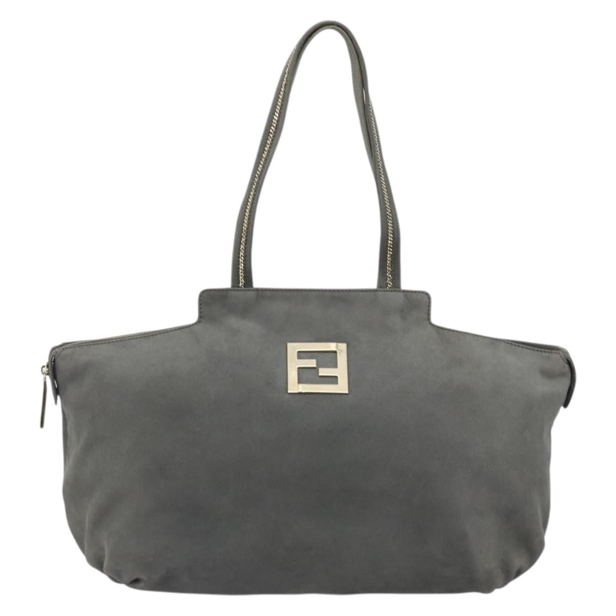 FENDI Tote Bag Leather Gray Gold Auth 192203A