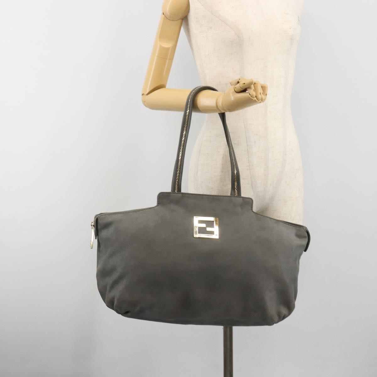 FENDI Tote Bag Leather Gray Gold Auth 192203A