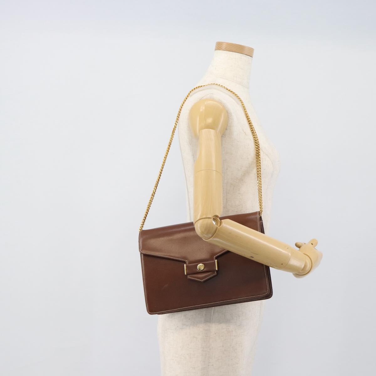 Christian Dior Chain Shoulder Bag Leather Brown Gold Auth 192217
