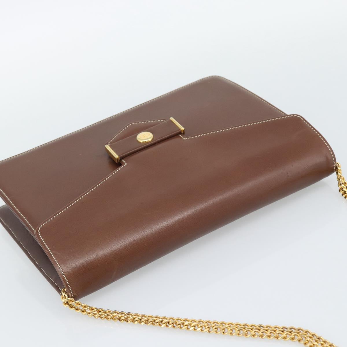Christian Dior Chain Shoulder Bag Leather Brown Gold Auth 192217