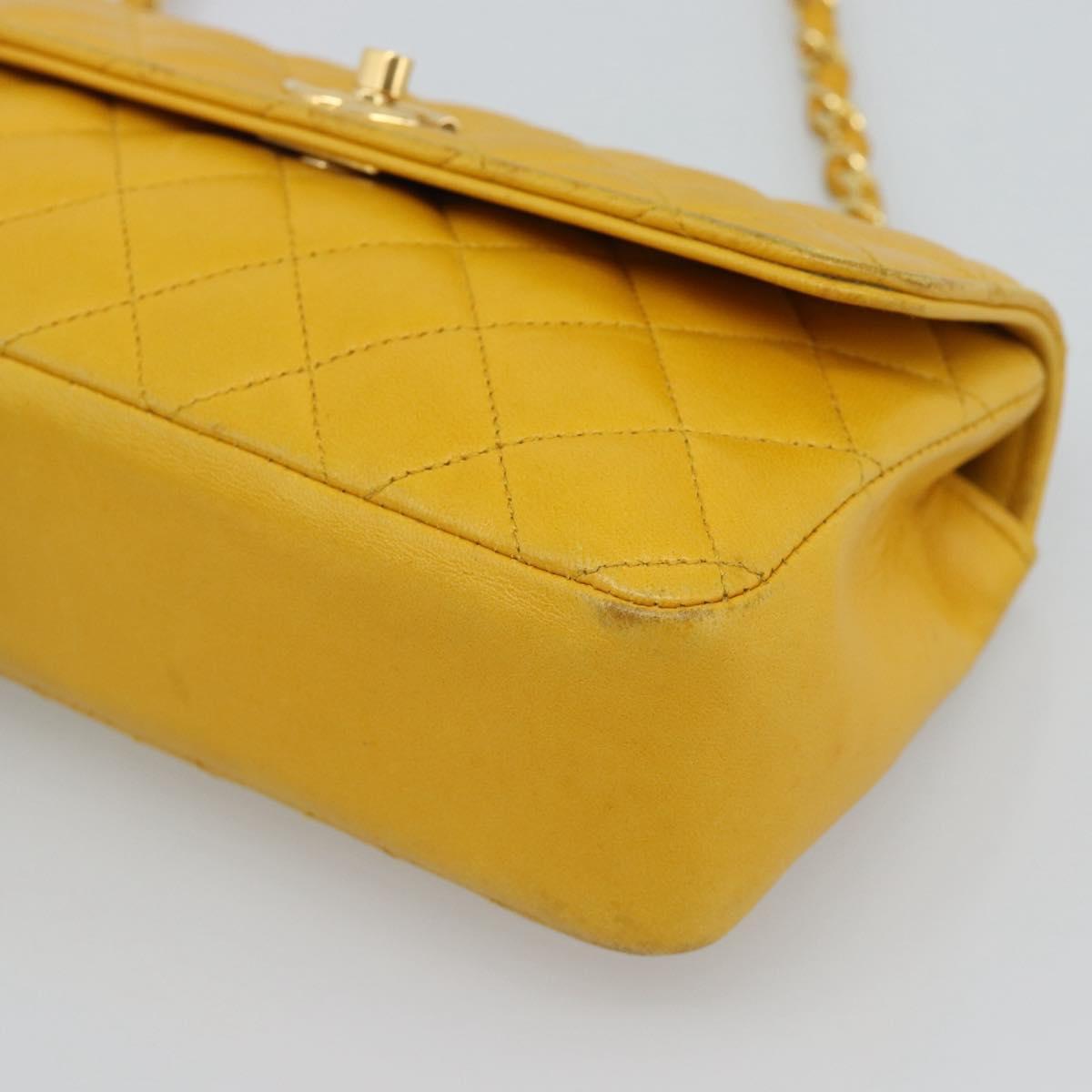 CHANEL Matelasse Chain Shoulder Bag Lamb Skin Yellow Gold CC Auth 192225