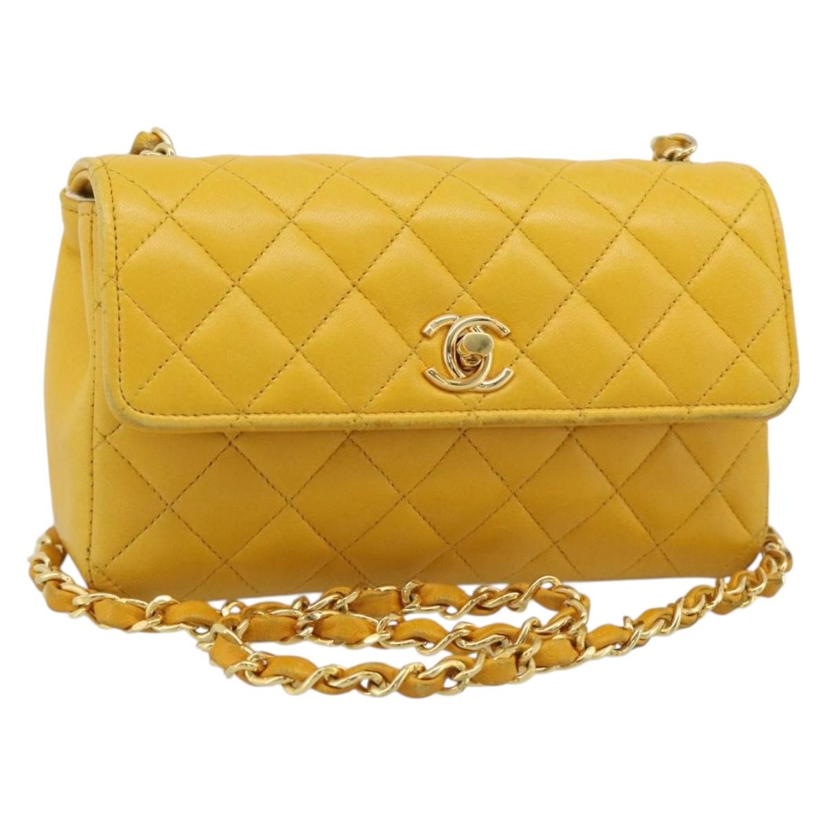 CHANEL Matelasse Chain Shoulder Bag Lamb Skin Yellow Gold CC Auth 192225