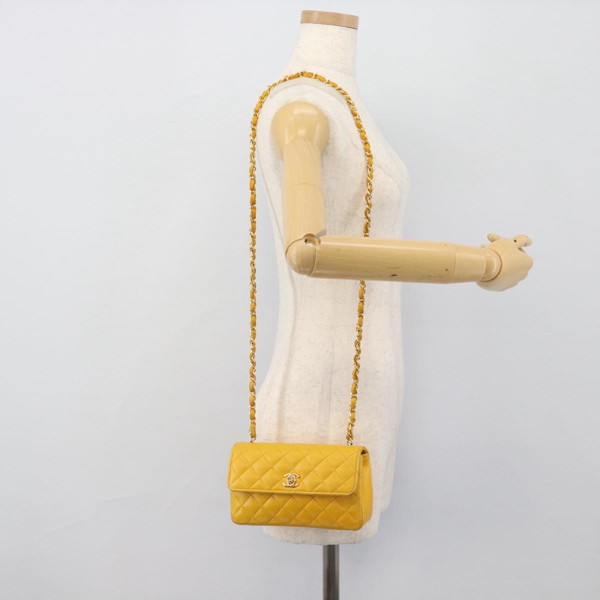CHANEL Matelasse Chain Shoulder Bag Lamb Skin Yellow Gold CC Auth 192225