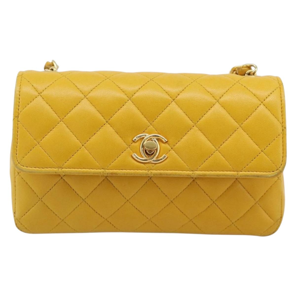 CHANEL Matelasse Chain Shoulder Bag Lamb Skin Yellow Gold CC Auth 192225