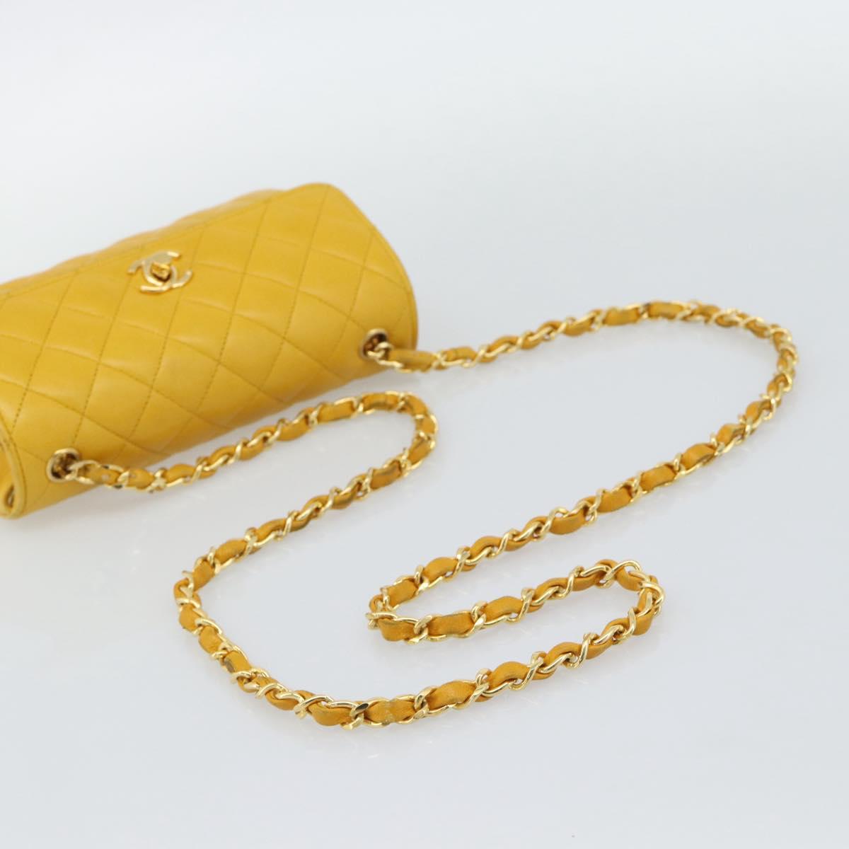 CHANEL Matelasse Chain Shoulder Bag Lamb Skin Yellow Gold CC Auth 192225