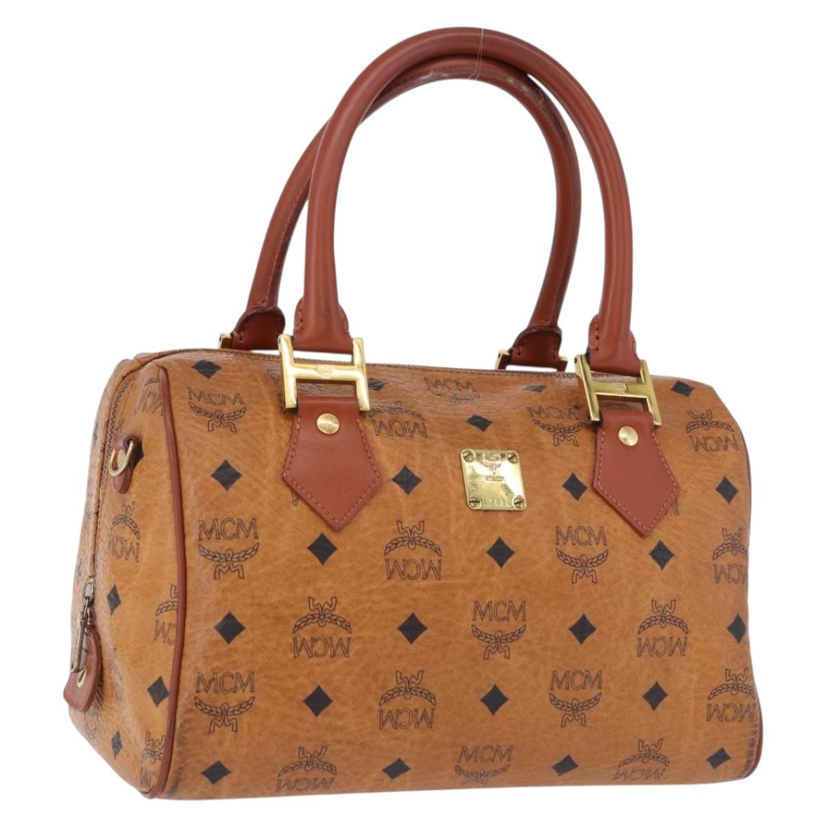 MCM Logogram Vicetos Boston Bag PVC Leather Brown Gold Auth 192236