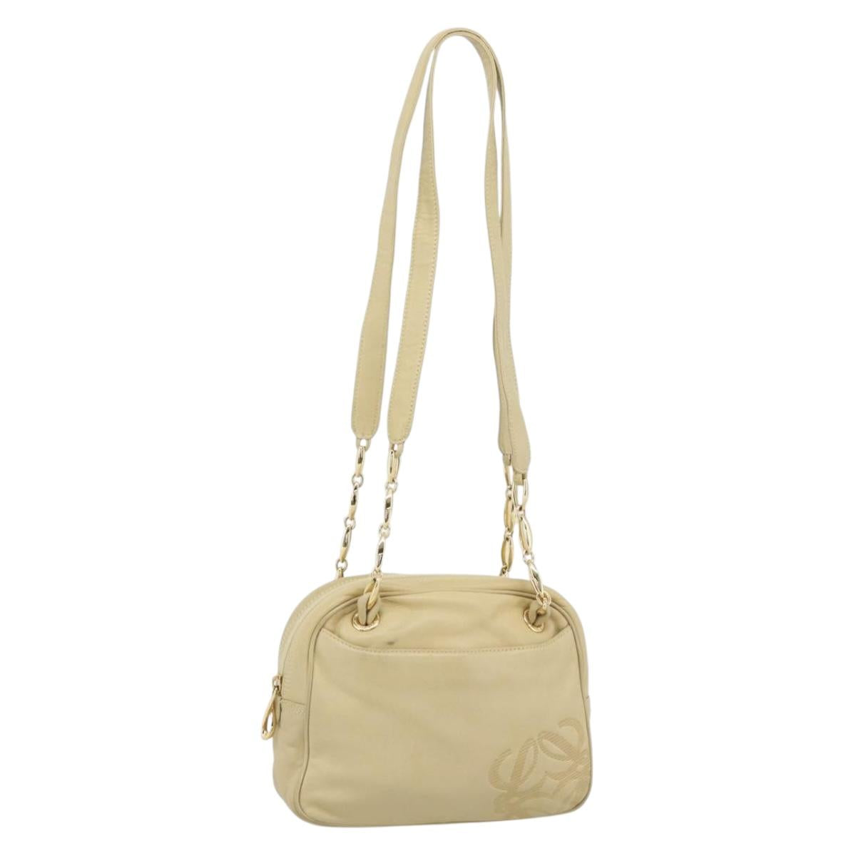 LOEWE Chain Shoulder Bag Leather Beige Gold Auth 192241A