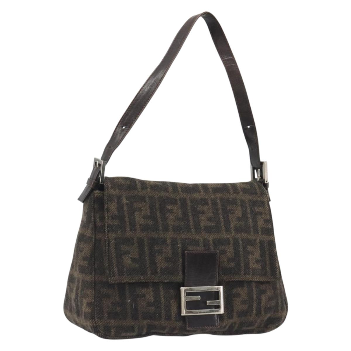 FENDI Zucca Canvas Mamma Baguette Shoulder Bag Wool Brown Gold Auth 192244V