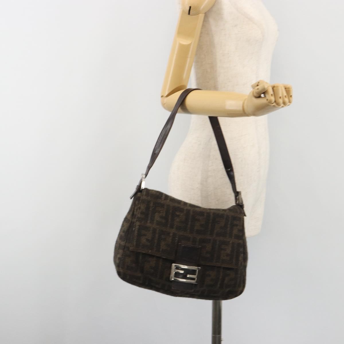 FENDI Zucca Canvas Mamma Baguette Shoulder Bag Wool Brown Gold Auth 192244V