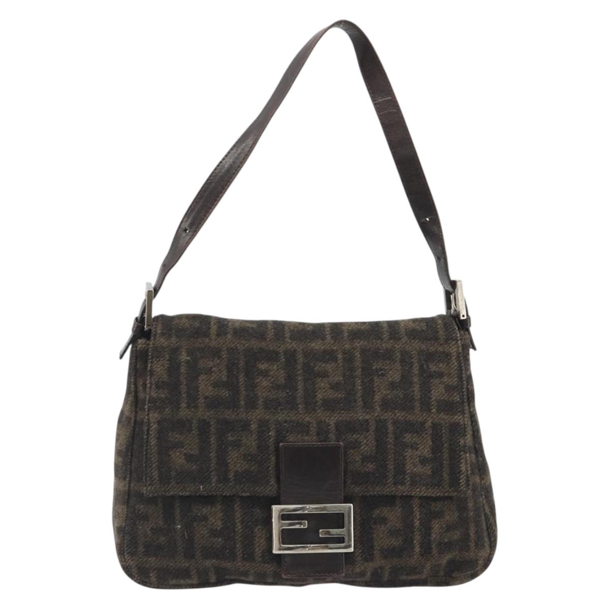FENDI Zucca Canvas Mamma Baguette Shoulder Bag Wool Brown Gold Auth 192244V