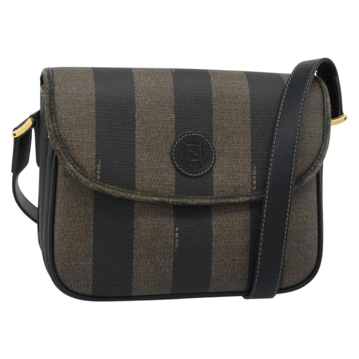 FENDI Pecan Canvas Shoulder Bag PVC Black Brown Auth 192256