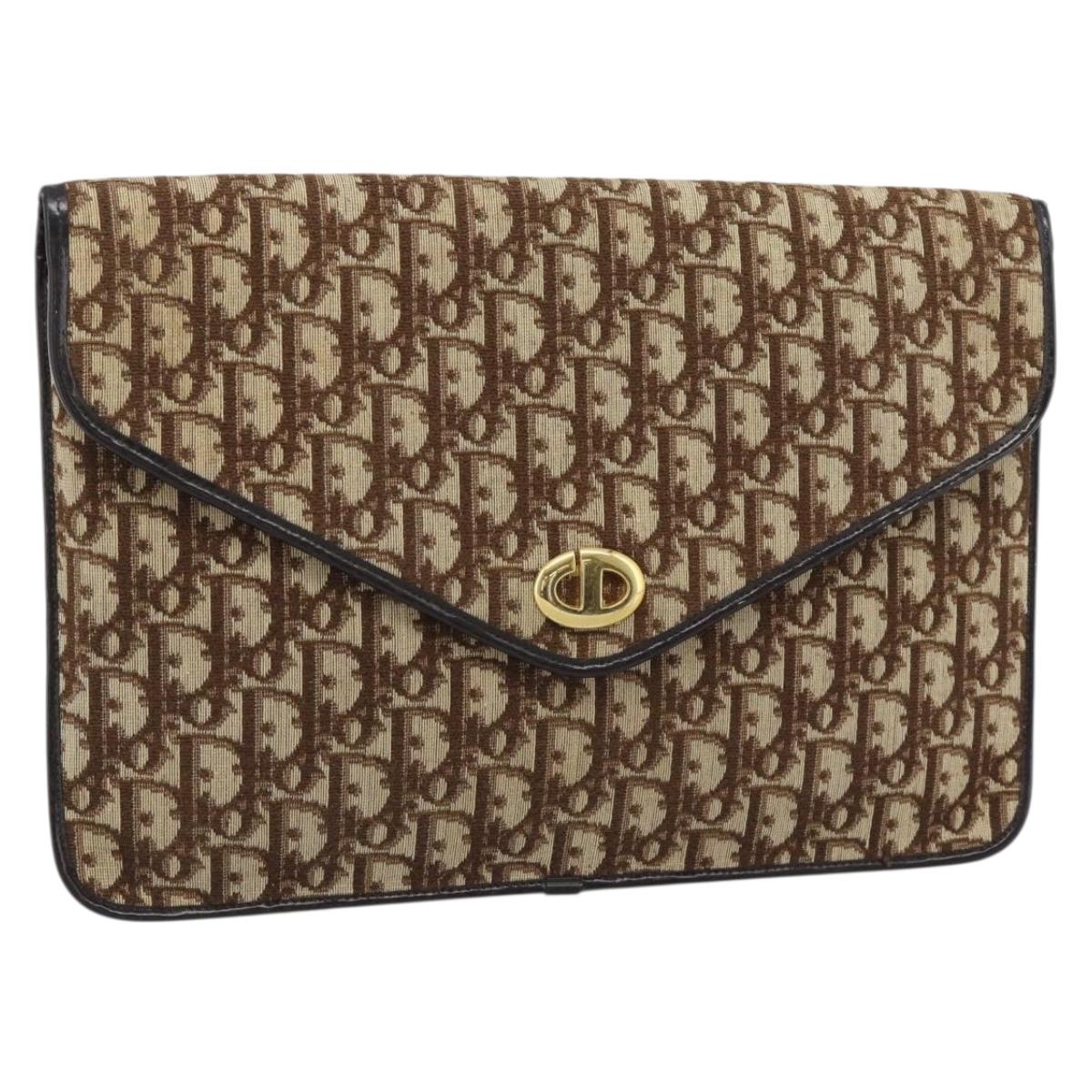 Christian Dior Trotter Canvas Clutch Bag Beige Gold Auth 192259