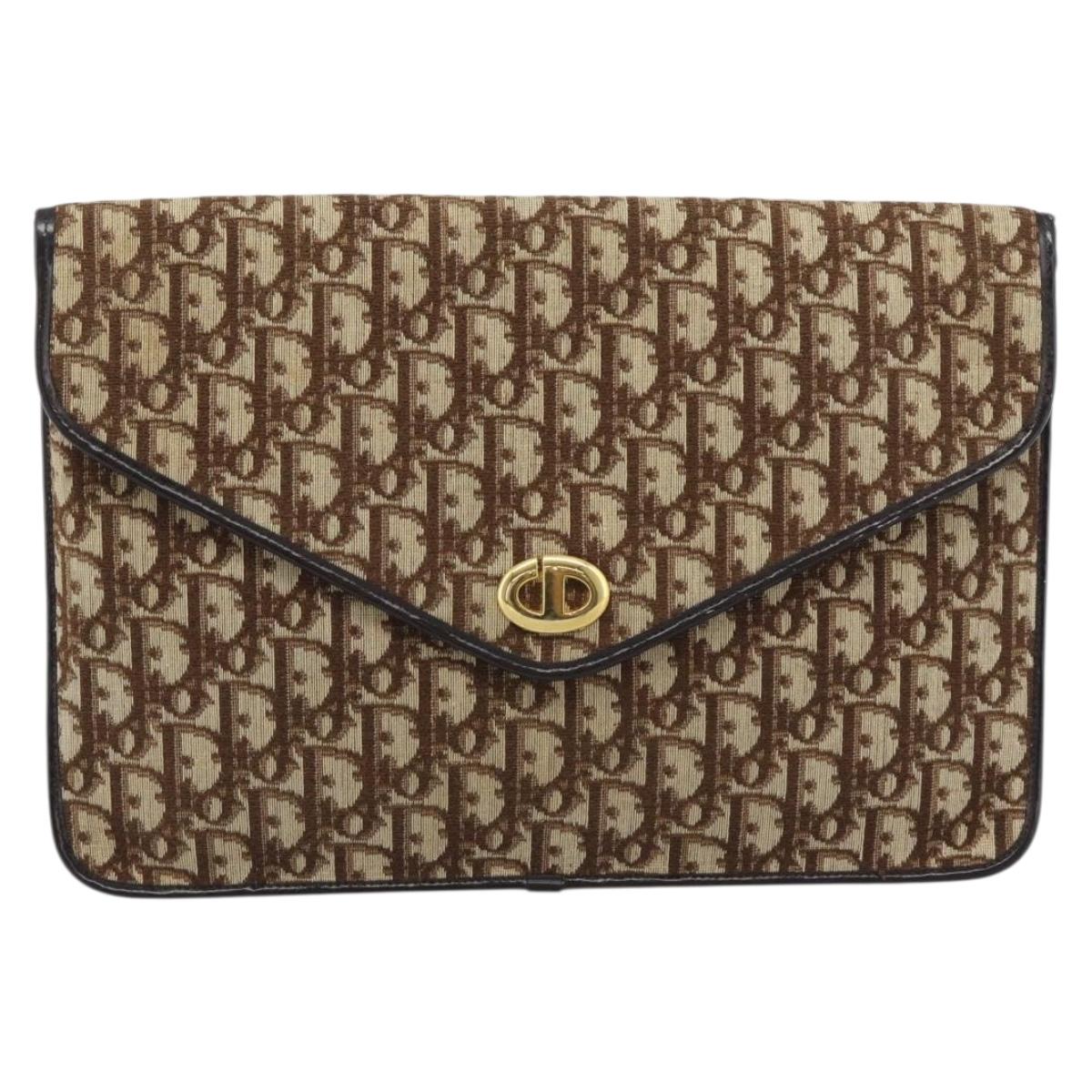 Christian Dior Trotter Canvas Clutch Bag Beige Gold Auth 192259