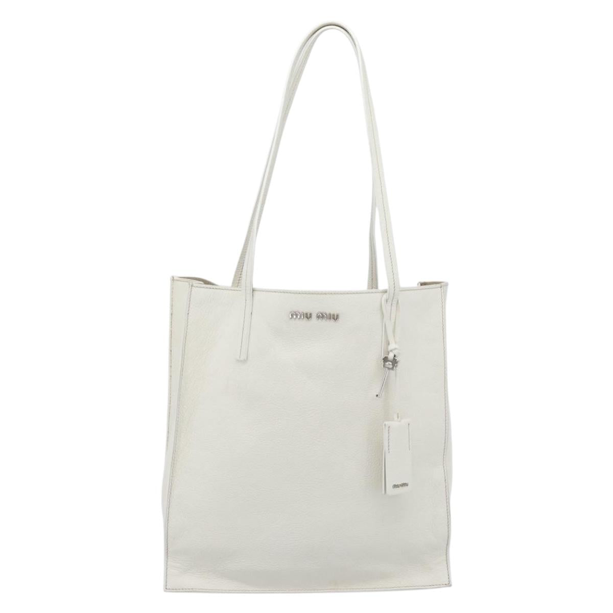 Miu Miu Tote Bag Leather White Silver Auth 192270A