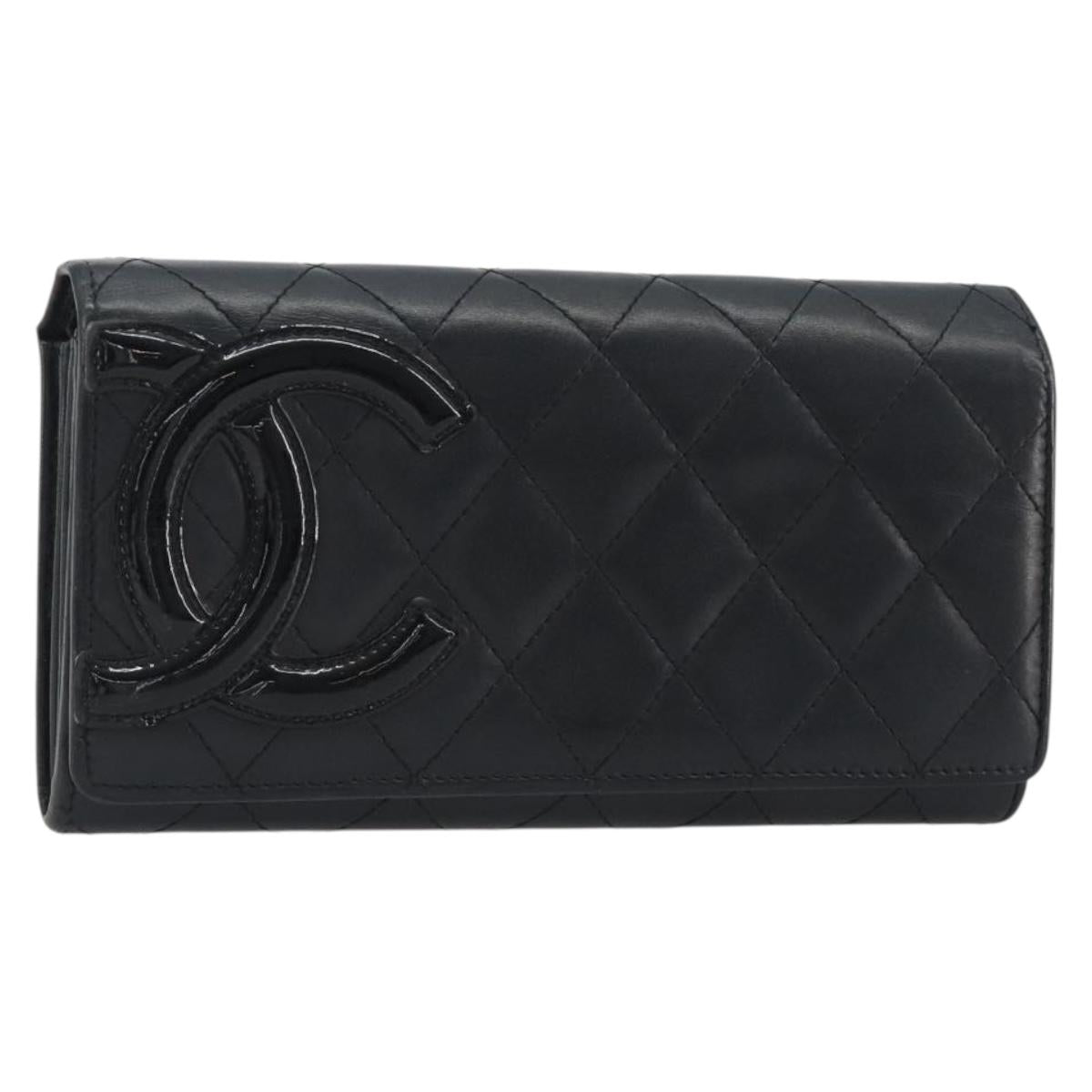 CHANEL Matelasse Cambon Line Long Wallet Leather Black Silver CC Auth 192277
