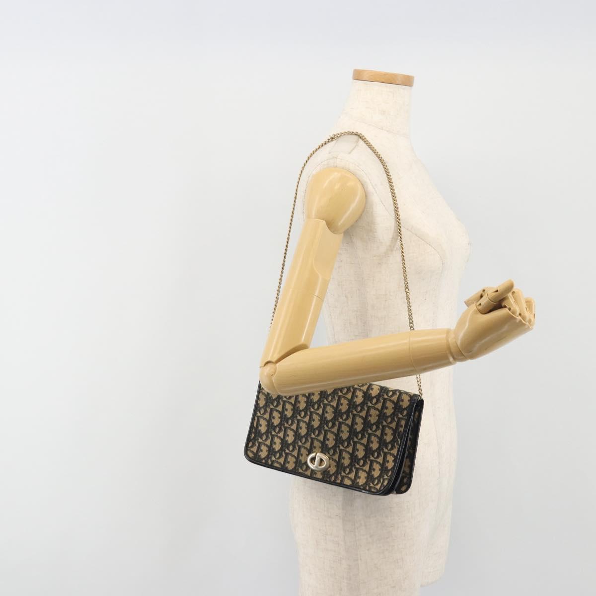 Christian Dior Trotter Canvas Chain Shoulder Bag Navy Gold Auth 192284
