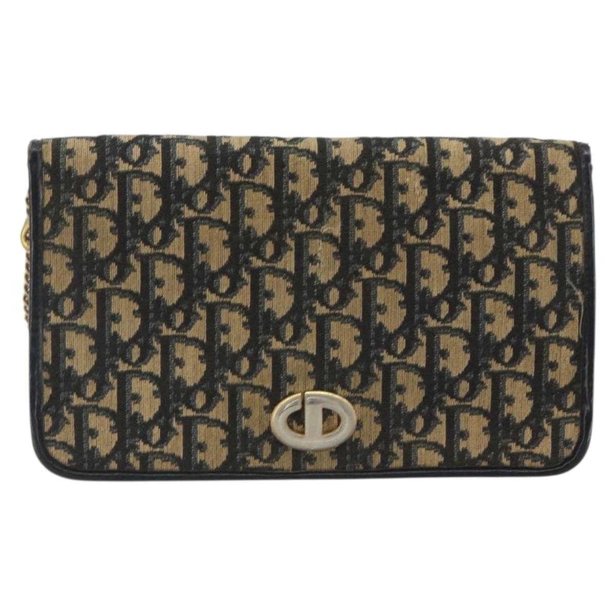 Christian Dior Trotter Canvas Chain Shoulder Bag Navy Gold Auth 192284