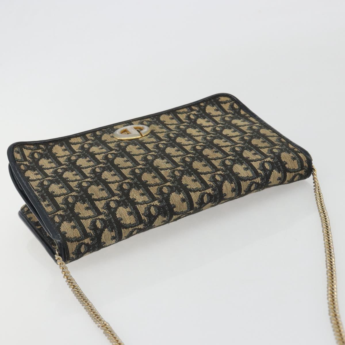 Christian Dior Trotter Canvas Chain Shoulder Bag Navy Gold Auth 192284