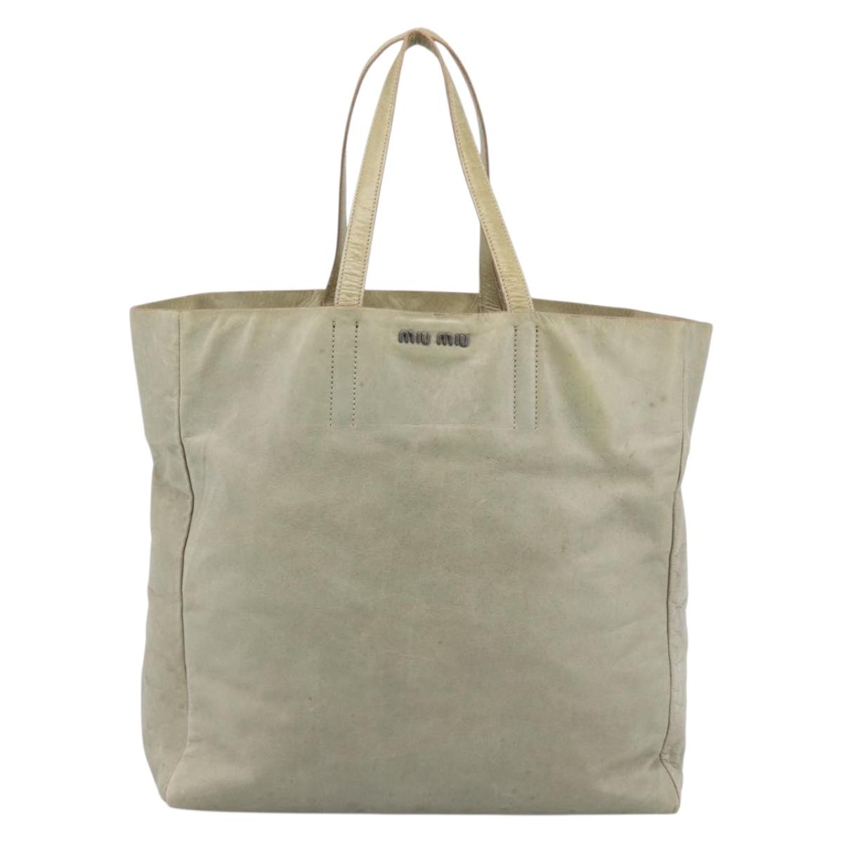 Miu Miu Tote Bag Leather Beige Silver Auth 192293