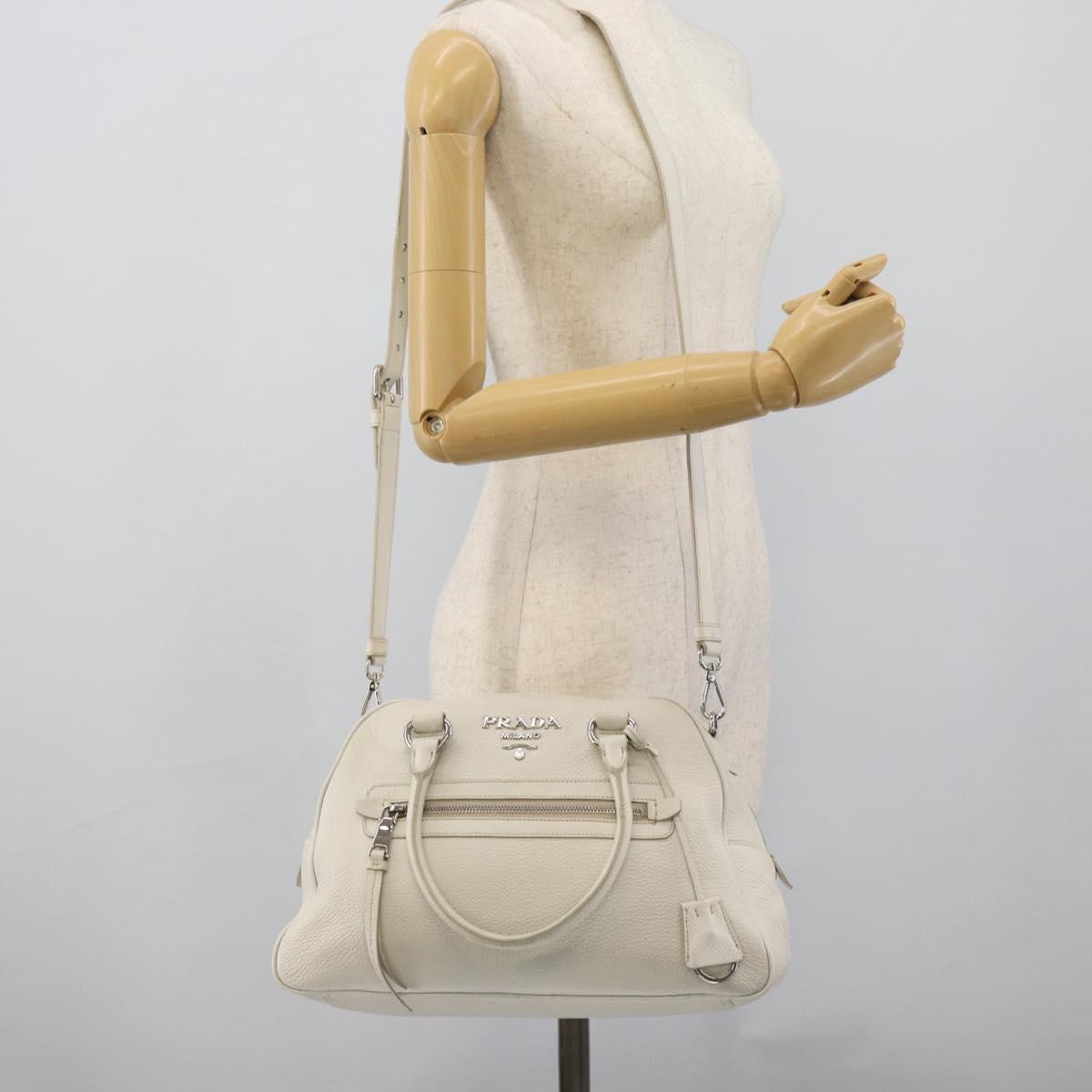 PRADA Hand Bag Vittero Dino Leather 2way White Silver Auth 192296V