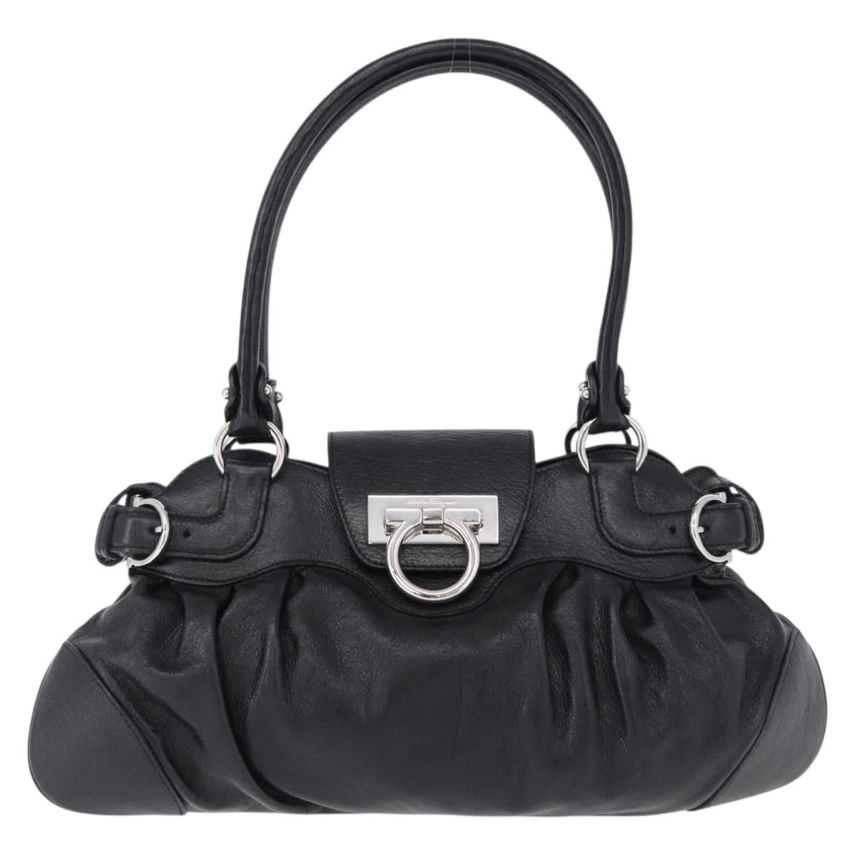 Salvatore Ferragamo Gancini Hand Bag Leather Black Silver Auth 192300A