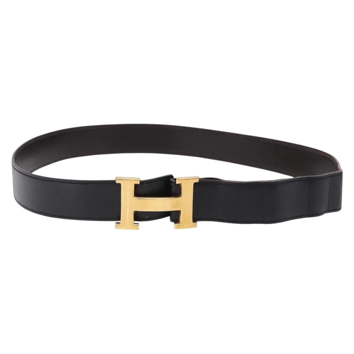 HERMES Constant H Belt Leather 35"" Black Gold Auth 192305
