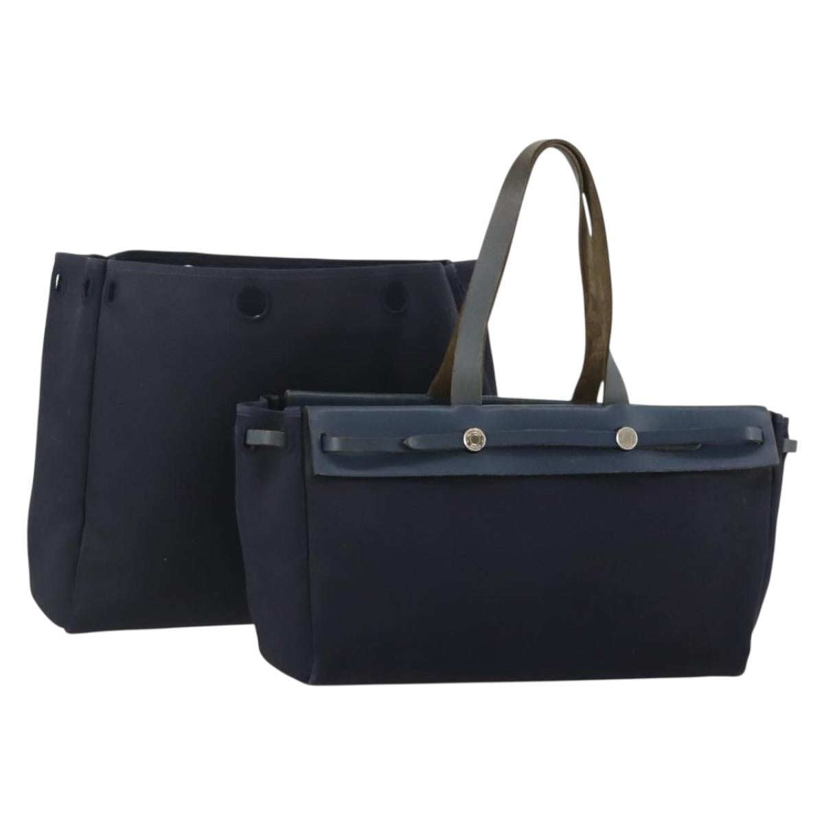HERMES Herbag Cabas GM Tote Bag Canvas Navy Silver Auth 192310